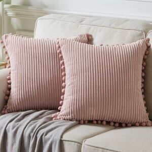 2 Blush Pink Corduroy Luxury Velvet Pompom Bed/Sofa Throw Pillow Cover/CaseSet